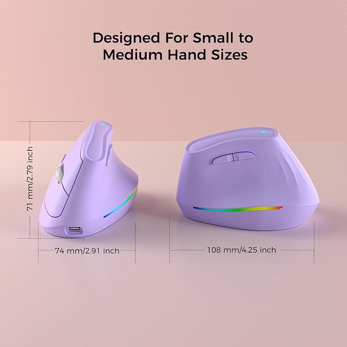 KYSONA 57° Wireless Ergonomic Mouse, Vertical Mouse, Carpal Tunnel Mouse, RGB Light, Rechargeable, Bluetooth & 2.4G, 5-level DPI Adjustment, Quiet Click Ergo Mice Compatible with PC/Laptop/Mac, Purple