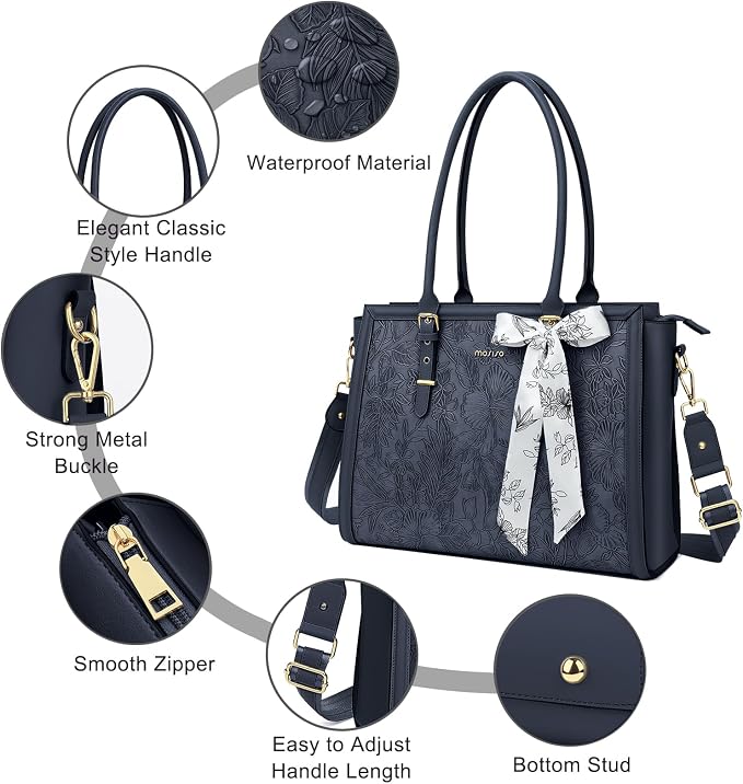 MOSISO Laptop Bag for Women, 15.6-16 inch PU Leather Tote Bag Compatible with MacBook, HP, Dell, Asus Notebook, Front Embossed Retro Hibiscus Computer Bags with Silk Scarf&Clutch Purse, Haze Blue
