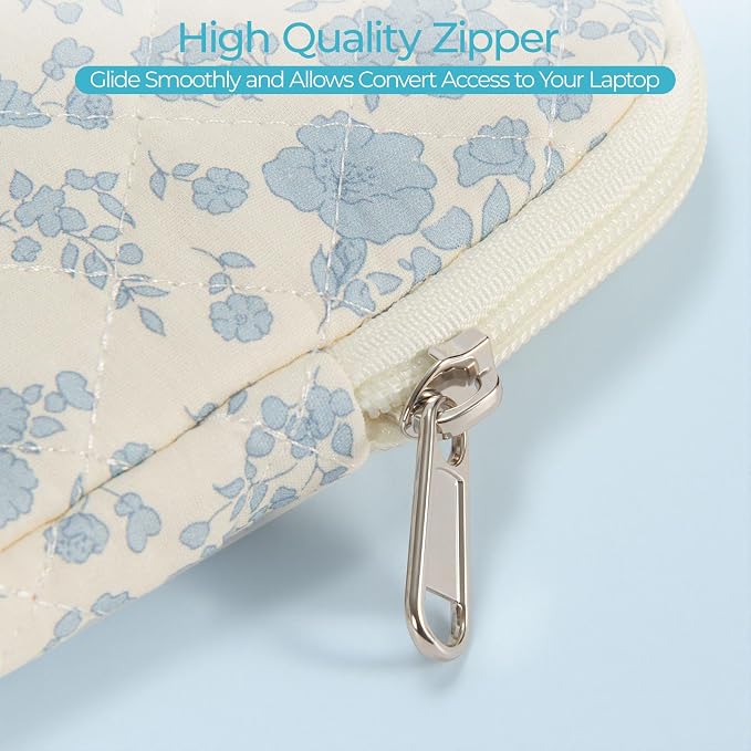 13-14 inch Cotton Quilted Laptop Sleeve for Women, Aesthetic Puffy Laptop Case Carrying Bag Compatible with MacBook Air/Pro 13/Pro 14, Soft Computer Liner Bag (Blue Floral, 13.3 inch)