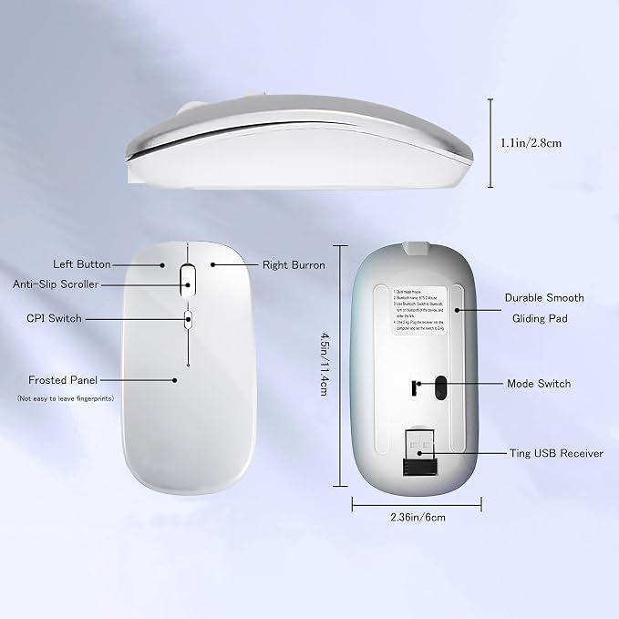 WREANU Wireless Bluetooth Mouse Rechargeable Laptop Mice Silent Slim Use(BT5.2 and 2.4G Portable USB Receiver) Dual Mode Computer Mouse for Laptop/iPad/Tablet/Apple/Computer/Mac(Bright White)