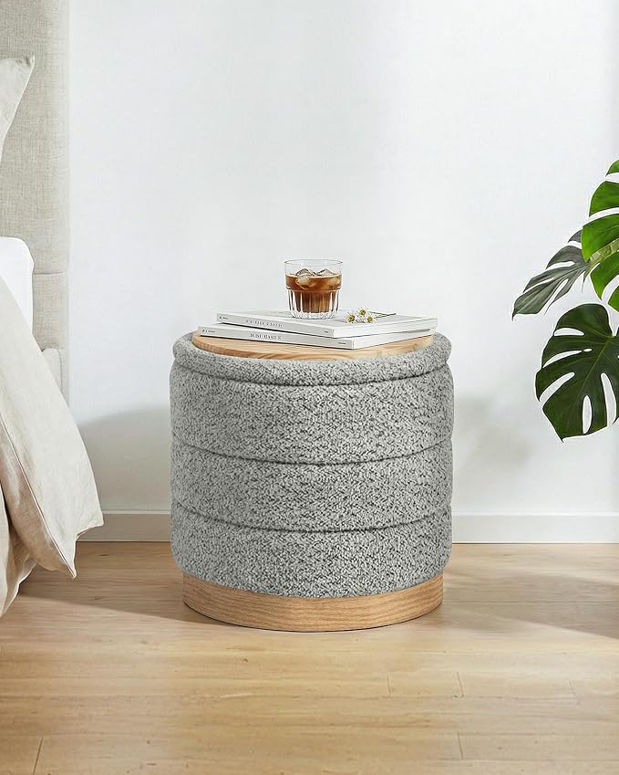 B FSOBEIIALEO Round Storage Ottoman with Tray, Folding Ottoman with Storage Coffee Table Foot Rest for Dorm Room Living Room Chenille Fabric,Grey,15.35"x15.35"x14.57"