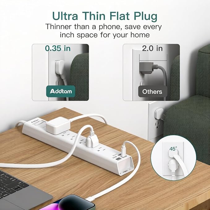 Addtam 5ft Power Strip Surge Protector, 6 Outlets and 4 USB Ports (2 USB C), Ultra Flat Plug Wall Mount, Multi Plug Outlet Extender Desktop Charging Station for Home Office Dorm Room Essentials