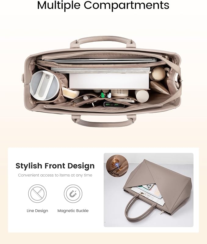 LOVEVOOK Laptop Tote Bag for Women with Large Cup Holder, 17.6 Inch PU Leather Work Bag Teacher Tote Bag, Waterproof Computer Bags Business Office Briefcase Handbag