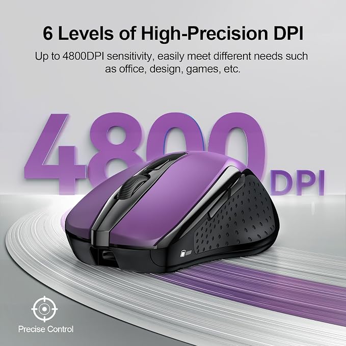 TECKNET Wireless Mouse Rechargeable, 2.4G USB-A Silent Mouse, Quiet Click, 6 Adjustable 4800 DPI, Cordless Computer Mice, Ergonomic Mice for Laptop, 6 Buttons for Chromebook, Ergo Grip - Purple