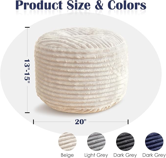 SHOUREN Stuffed Round Ottoman,Corduroy Pouf Ottoman Foot Rest with Foam Filling,Pouf Storage Ottoman Footstool for Living Room,20 X 15 Floor Poufs for Couch - 20 X 15 Inches,Beige