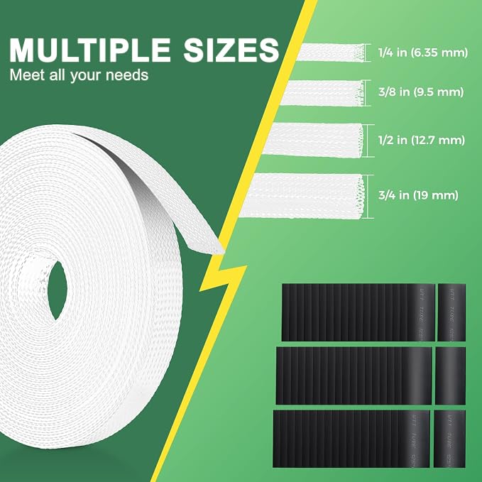 132 ft Expandable Braided Cable Sleeve Wire Loom PET Wire Sleeving，Wrap Management Mesh for Audio Video and Other Home Device Cable Automotive Wire - (1/2 Inch, 1/4 Inch, 3/8 Inch,3/4 Inch,White)
