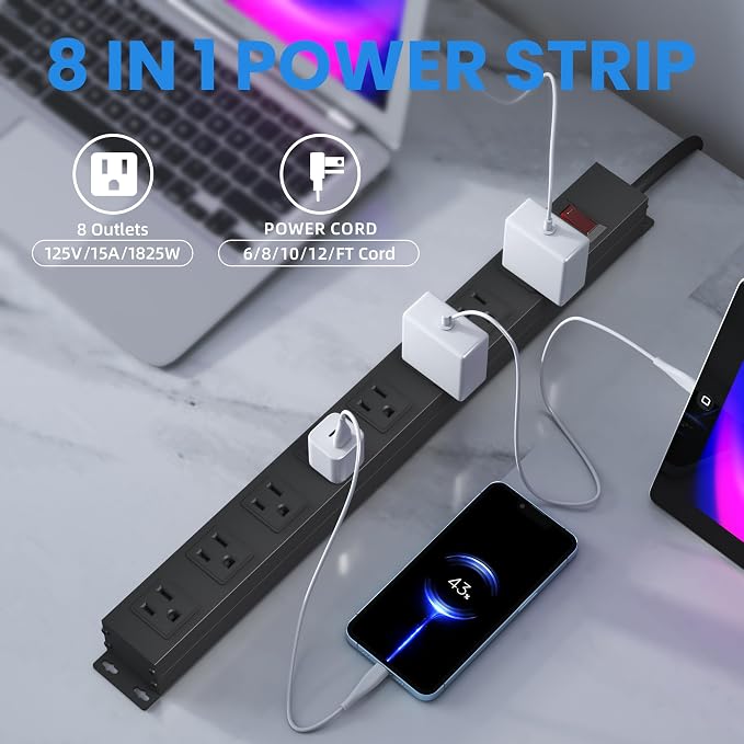 8 Outlet Metal Power Strip 10ft,Workshop Heavy Duty Power Strip Wide Spaced with Long Cord for Kitchen,Office,School,Commercial,Industrial,1825W/125V/15A,Black (10FT)