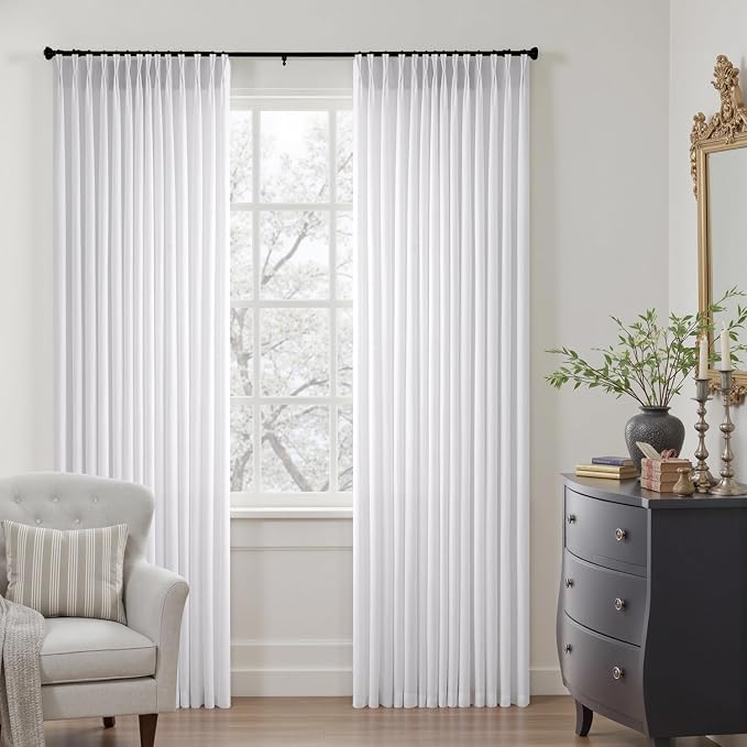 Memory Trained Pinch Pleated Curtains 63 Inches Long, Viral Linen Pinch Pleat Sheer Curtains with Ring Hooks&Clips for Track System Living Room, White Light Filtering Privacy Curtain 2 Panel Set