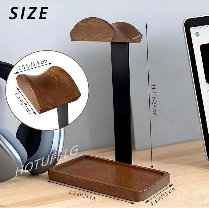 Solid Wooden Headphone Holder, 2-in-1 Universal Headphone Stand with Storage Tray for Desk, Headset Stand for Gaming Table Compatible with Airpod Max, Bose,Sennheiser, JBL, AKG(Wood Arc Top)