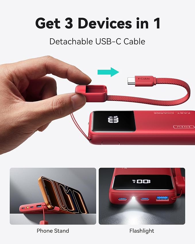 INIU Small Portable Charger, 45W PD Fast Charging 10000mAh Power Bank, Battery Pack with Attached USB C Cable, Travel Essentials Powerbank for iPhone 17 16 15 14 Pro Air, Xiaomi, Samsung S25, Red