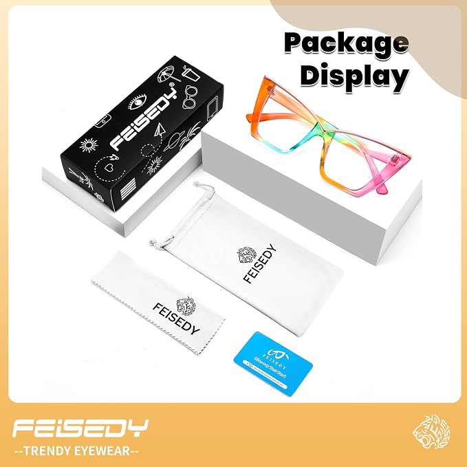 FEISEDY Fashion Cat Eye Blue Light Blocking Glasses for Women Fake Retro Eyeglasses Oversized Stylish Eyewear Frame B0240
