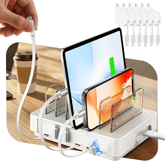 SooPii HomeHub H1 Charging Station for multiple devices,Upgraded 6-Port Desktop Fast Charger with 6 Retractable Cables（4*C+2*iP）,60W PD charger station for iPhone/Tablet,Tangle-Free Charging Organizer