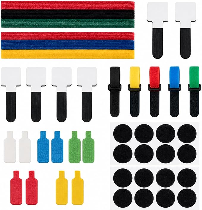 Cable Management Kit, 135Pcs Reusable Hook and Loop Cable Ties, Adhesive Clips, Cord Labels for Desk Cord Organizer Home Office - Multicolor