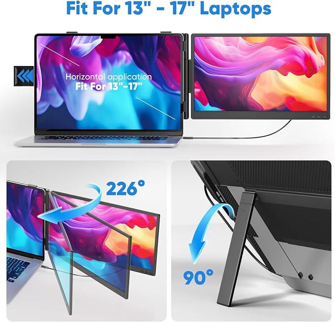 Laptop Screen Extender, 14” FHD 1080P Portable Monitor for Laptop, 0.27" Ultra-Thin Display with 100% sRGB, Dual Screen Extender for 13–17” Laptops, Plug & Play for Windows/Mac/Chrome/Android