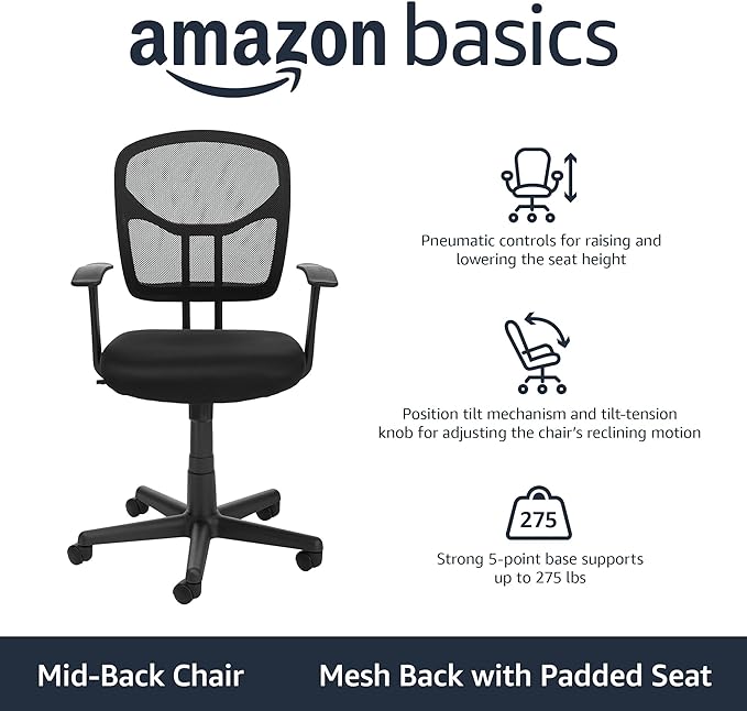 Amazon Basics Breathable Mesh Mid-Back Office Desk Chair with Armrests, Lumbar Support, 360-Degree Swivel, Adjustable-Height, Black