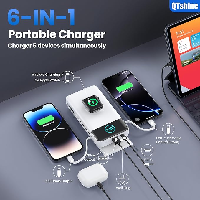 Portable Charger for iPhone, 40800mAh Power Bank with Built-in Cables & AC Wall Plug, 5 Outputs USB C Fast Charging External Battery Pack for iPhone 17/16/15/14, Android, Travel Essential (White)