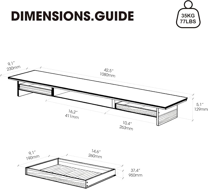 Fenge 42.5” Dual Monitor Stand Riser with 2 Felt-Lined Drawers, Aesthetic Metal and Wood Monitor Shelf with Acrylic Legs, 2-Tier Desk Organizer for 2 Monitors, Laptop, Printer, TV, White