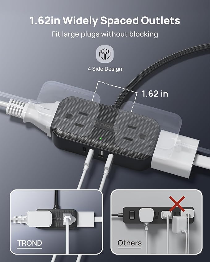 TROND Flat Plug Power Strip 3FT, Small Flat Extension Cord with Multiple Outlets, 4 AC and 4 USB Ports (2 USB C), Wall Mount 900J Surge Protector for Home Office Travel Dorm Room Essentials, Black