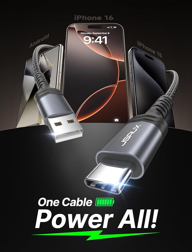 JSAUX USB C Cable [2-Pack 10ft], USB A to USB Cord Fast Charging for iPhone Air, iPhone 17, iPhone 17 Pro, iPhone 17 Pro Max, iPhone 16/iPhone 15 Series, Samsung S20 S10, Note 20 10, Car Pla - Grey