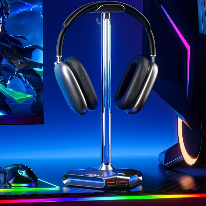 RGB Headphone Stand with 2 USB Ports & Extension Cord, Gaming Headset Holder for Desktop, PC Gaming Accessories, Gifts for Teen Boys, Men, Boyfriend, Gaming Setup Organizer