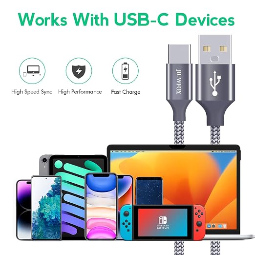 JIUWFOX USB to USB C Cable, (5-Pack, 3/3/6/6/10 ft) for iPhone 17 16 Charger Cord Fast Charging, for Samsung Galaxy S25 S24 S23 S22 A17 A16, Pixel 10 9