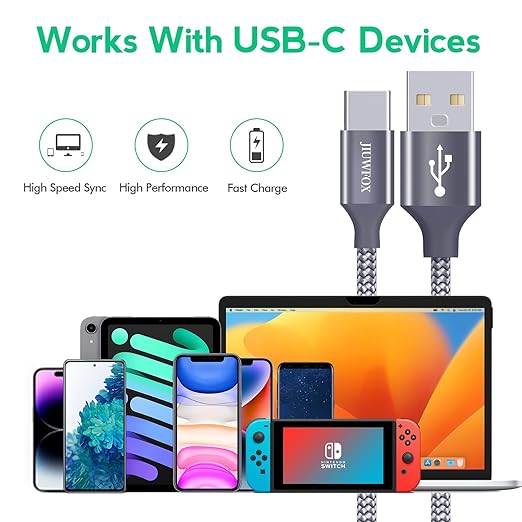 JIUWFOX USB A to USB C Cable (5Pack, 6ft), C Charger Fast Charging Cord for iPhone 17 16 15, Samsung Galaxy S25 S24 S23 S22 A17 A16, Pixel 10 9