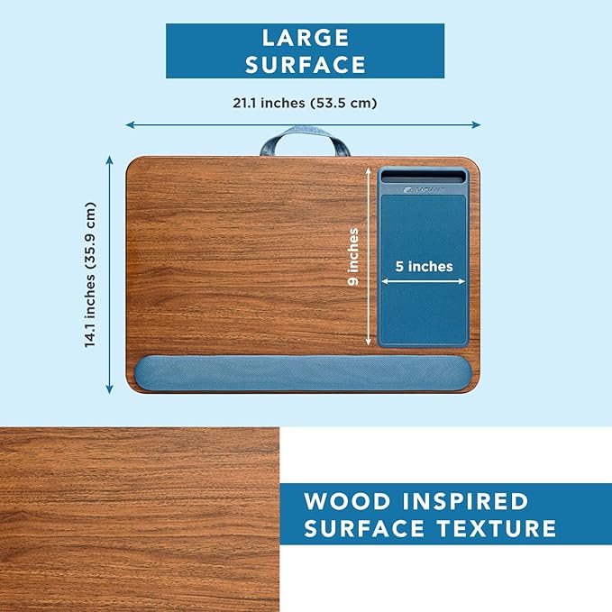 LAPGEAR Home Office Pro Lap Desk with Wrist Rest, Mouse Pad, and Phone Holder - Espresso Blue - Fits up to 15.6 Inch Laptops - Style No. 91622