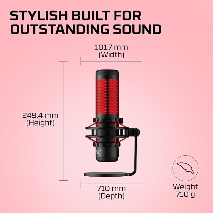 HyperX QuadCast - USB Condenser Gaming Microphone, for PC, PS4, PS5 and Mac, Anti-Vibration Shock Mount, Four Polar Patterns, Pop Filter, Gain Control, Podcasts, Twitch, YouTube, Discord, Red LED
