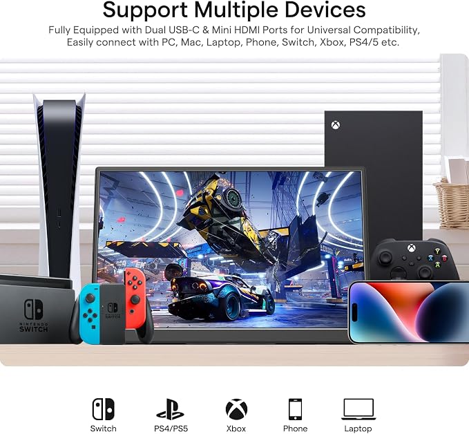 Yxk Portable Monitor 14 Inch 1200P 60Hz IPS HDR Ultra-Slim Travel Monitor with Dual Speakers USB-C HDMI Second Screen for Laptop PC Mac Phone Xbox PS4/5 Switch, VESA Kickstand, Zero Frame Gaming