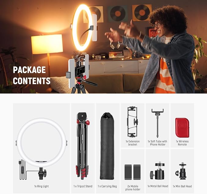NEEWER Basics 10" Selfie Ring Light with Tripod Stand/3 Phone Holders Compatible with iPhone/3 Cold Shoes/Remote, LED Ringlight Lighting for YouTube TikTok Vlog Video Recording Makeup Streaming, R11