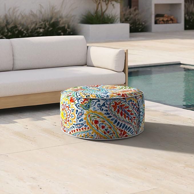 DYTXIII Inflatable Ottoman Stool D21 xH9 for Outdoor/Indoor Use, Water Repellent Patio Foot Rest Stool with Portable Handle,Round Pouf Ottoman Suitable for Garden,Deck and Camping - Paisley Multi