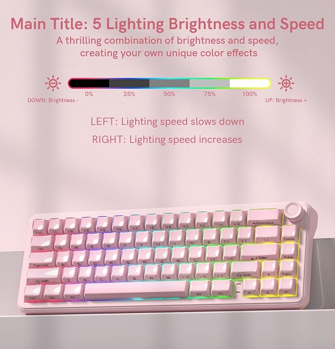 womier L65 60% Pink Mechanical Keyboard with Knob,4000mAh,Tri Mode USB-C/BT5.0/2.4G,RGB Backlit,Hot Swap,Crystal Jelly keycaps,Linear Switch,Gasket Mounted Wireless Gaming Keyboard for PC/Mac