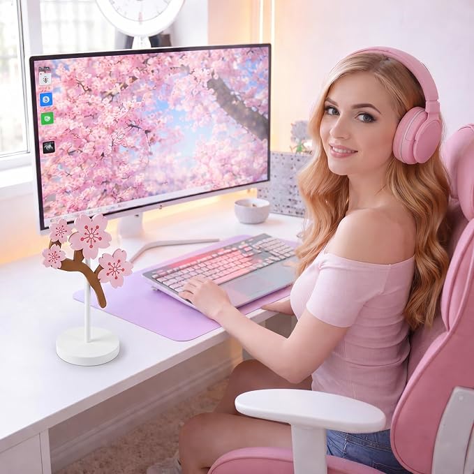 Yookeer Pink Cherry Headphone Stand Cute Headphone Stand Decorative Sakura Wood Desk Decor for Gamer Room Office Desk Gaming Gifts for Girlfriend Office Worker