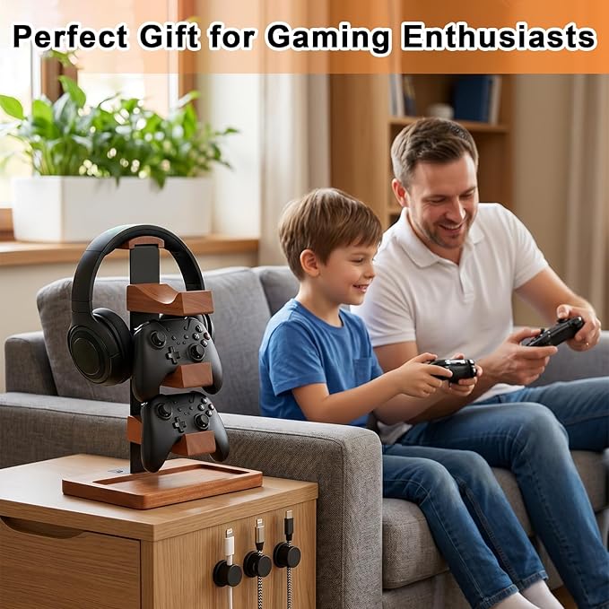 Headset Stand with Dual Controller Holder, Solid Wood Headphone Stand with Storage Base, Gaming Equipment Accessories for Desk