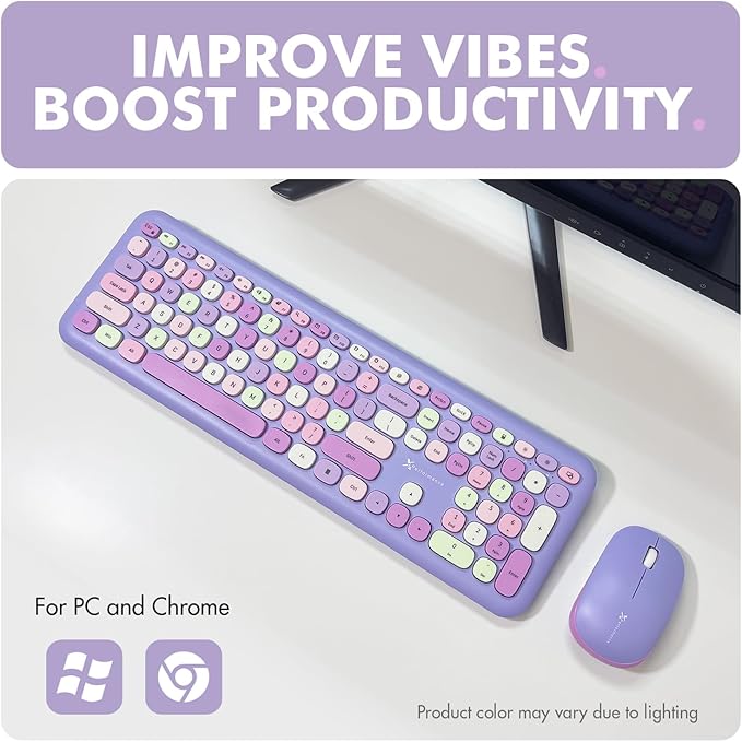 X9 Retro Wireless Keyboard and Mouse Combo - 2.4G Colorful Purple Keyboard and Mouse Wireless - Cute and Aesthetic Typewriter Combo for PC Computer Desktop and Laptop - Full Size