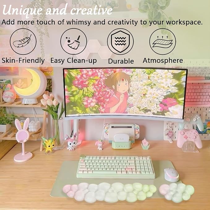 Cloud Keyboard and Mouse Wrist Rest Set Gel Keyboard Wrist Rest for Computer Transparent Ergonomic Mouse Wrist Pad Silicone Non-Slip Cute Clear Wrist Pad Support for Gaming Typing 68%/75% Yellow Pink