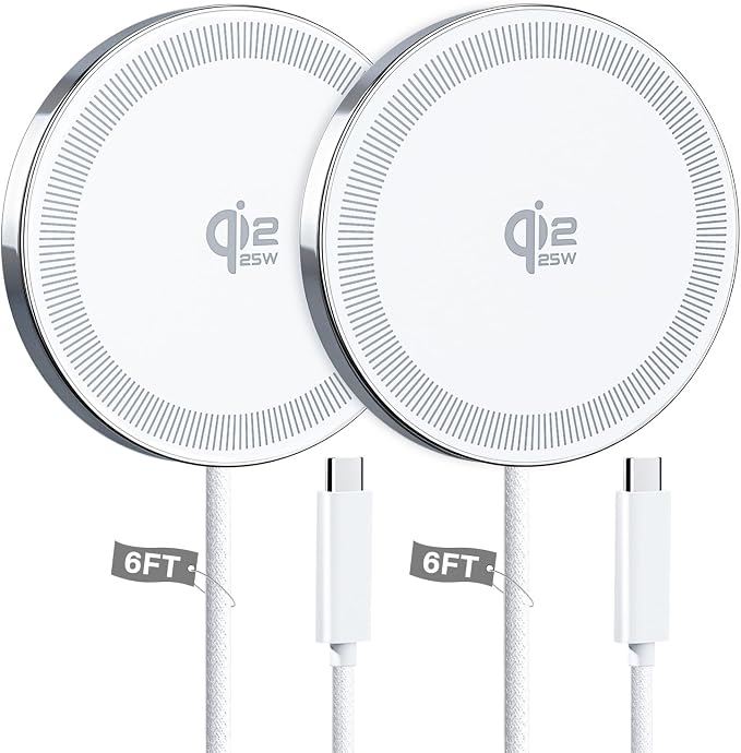 25W Wireless Charger for MagSafe, Qi2.2 Magnetic Fast Charging Pad for iPhone 17/16/15/14/13/12 Series & AirPods, Strong Magnet, Portable Wireless Charger for Travel Home Office (White, 2Pack(6FT))