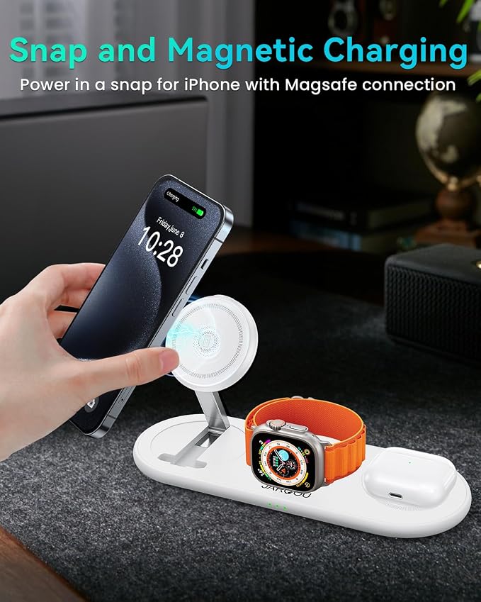JARGOU Foldable Wireless Charger for iPhone with Magsafe Charger Stand, Fast Magnetic Phone and Watch Charger Station for iPhone 17 Air 16 15 14 13 12, for Apple Watch Charger, for AirPods (White)