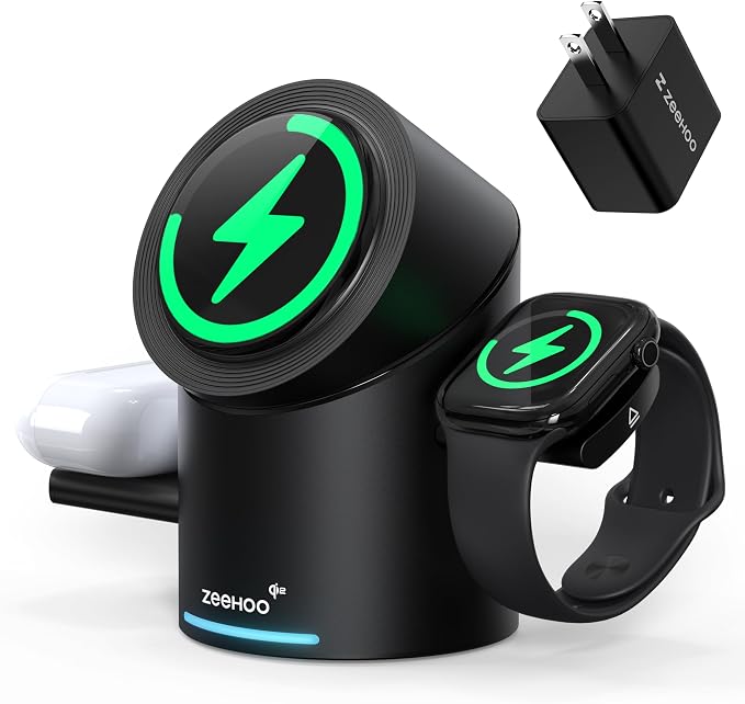 ZEEHOO 3 in 1 Charging Station for Apple Devices, Mag-Safe Charger Stand, Qi2 15W Auto-Rotating Wireless Charger for iPhone 17 16/15/14/13/12 Series& AirPods& iWatch(Black)