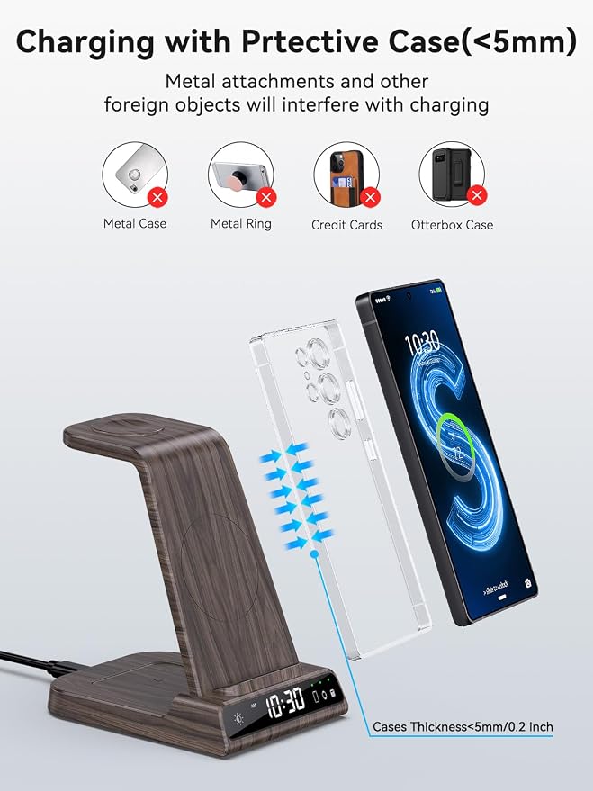 Wireless Charger for Samsung Charging Station with Clock for Samsung Galaxy S25 Ultra/S24 Ultra/Z Flip 7/Fold 6/Galaxy Bud, 3 in 1 Charger Station Watch Charger for Galaxy Watch 8/7/6/5Pro(Wood Grain)