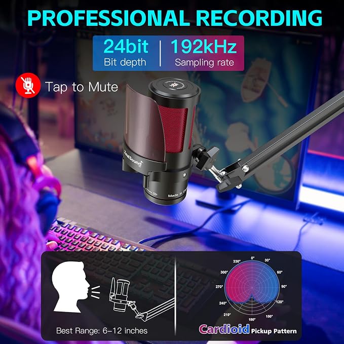 ZealSound Gaming USB Microphone for iPhone,Noise Cancellation Gaming mic with Touch Mute,Gain,Monitoring,USB Mic Boom Arm for Streaming,Podcast,Twitch,YouTube,Discord,iPad,PC,Computer,PS4,PS5,Mac