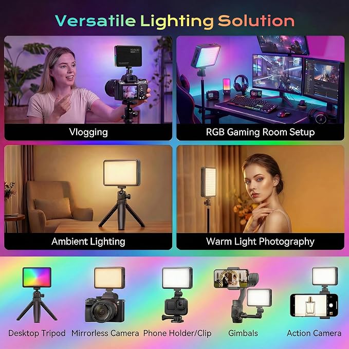 RGB Video Light, Portable Camera Light, 3100mAh with 1/4” Cold Shoe Adapter CRI95+ LED Fill Light, 0-359° Hue, 2500K-9000K CCT, 20 Effects, 140 LEDs for TikTok, Vlogging, Photography
