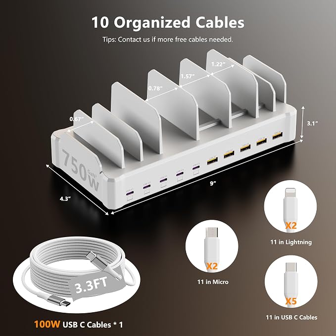 zobirez 750W Charging Station for Multiple Devices, 10-Port Fast Charger, 5 USB-C 120W Each and 5 USB-A 30W Each, Desktop Charging Hub for Laptop Phone Tablet, White