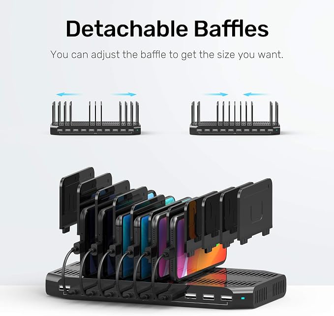Unitek USB Charging Station, 10 USB Fast Ports Charge Docking Station and Adjustable Dividers, Multi Device Charger Organizer Compatible with iPad, iPhone, Tablet and Cell Phone