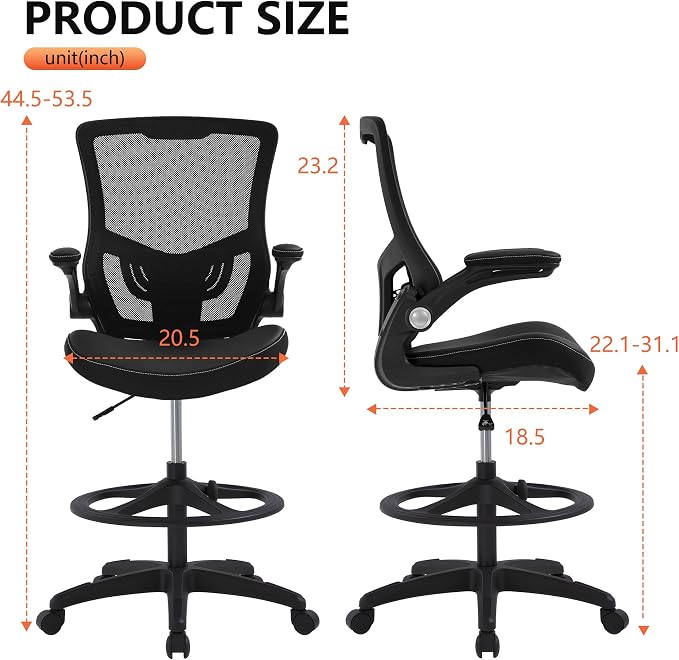 BestOffice Drafting Chair Ergonomic Tall Office Chair Standing Desk Chair with Flip Up Arms Foot Rest Back Support Adjustable Height Mesh Drafting Stool, Dark Black
