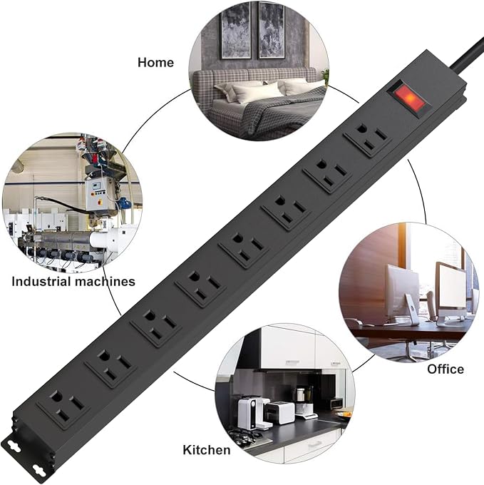 8 Outlet Power Strip with 6FT Long Power Cord Heavy Duty Metal Power Strip Wall Mount for Kitchen,Office,School,Commercial,Workshop,Industrial Listed Socket,1825W/125V/15A,Black(6FT)