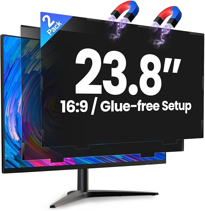 2 Pack 23.8 Inch Magnetic Computer Privacy Screen for Monitor 16:9 Aspect Ratio, Anti Blue Light Computer Screen Privacy Shield, Removable Anti Glare Screen Protector for Dell HP Lenovo ASUS LG Acer Samsung Monitors