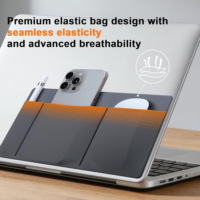 Feacn 3-Pocket Organizer Storage Pouch, Adhesive Laptop Accessory Organizer, for Portable HDD, SSD, USB Drive, Mouse, Cables, Mouse Holder for Laptop, External Hard Drive Holder for Laptops, Dark Gray