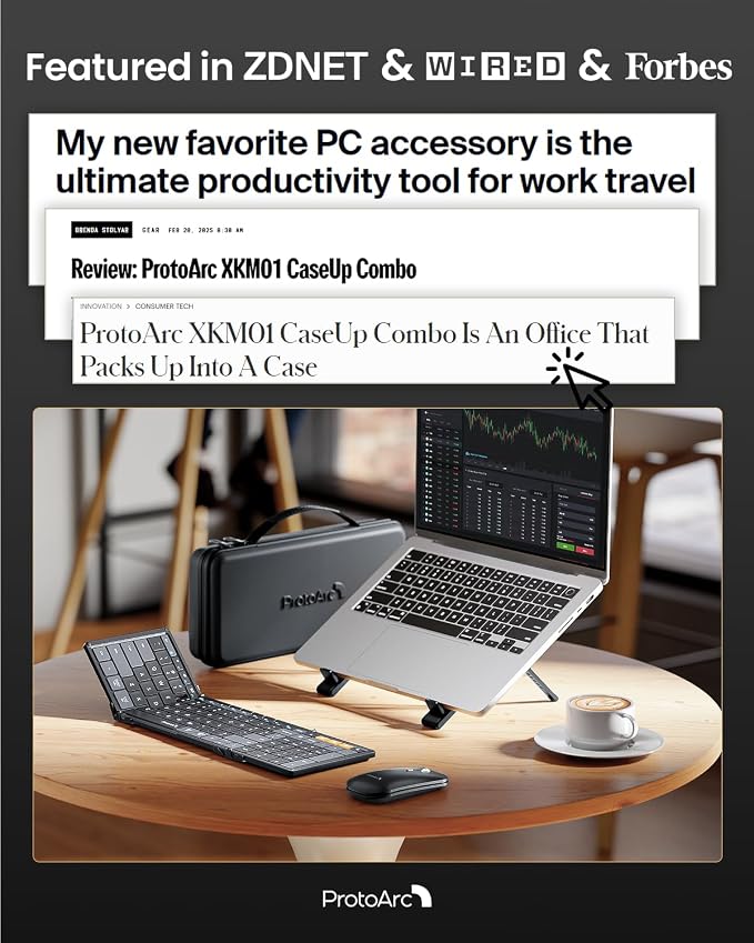 ProtoArc Foldable Keyboard Mouse Combo, XKM01 CaseUp Portable Bluetooth Keyboard and Mouse with Laptop Stand, a Mobile Work Solution for On-the-Go, Compatible with Laptop PC MacBook Windows Mac OS