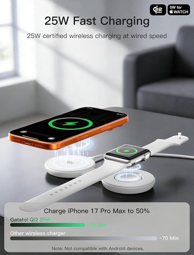 2 in 1 Magnetic Wireless Charger, Qi2 25W Fast Charging Travel Station Pad Compatible with MagSafe for iPhone Air/17/16/15/14/13/12, 5W for Apple Watch, AirPods 4/3/2/Pro with 30W Adapter (White)